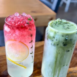 Lemon pink chiller + velvet matcha latte