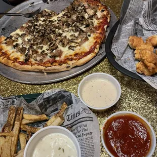 Dbl sausage &amp; dbl mush pizza. Side view of rosas dough (literally just dough), and ffries.