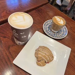 Honey latte , strawberry rhubarb scone and cortado