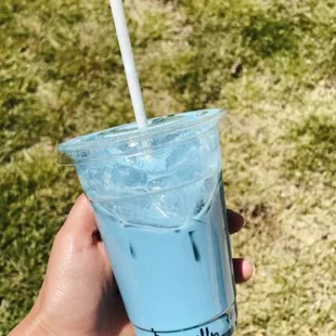 Butterfly pea, rose and lavender iced latte