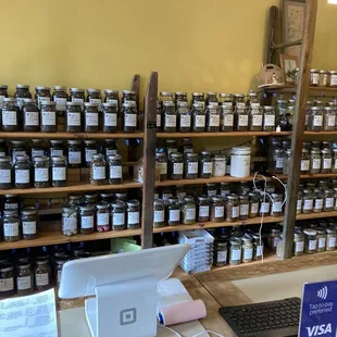 shelves of jars of tea