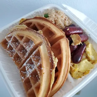 Belgian waffle with fried rice and lil smokies
