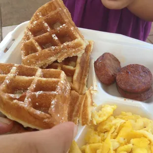 Belgian Waffles with Portuguese sausage and scrambled eggs