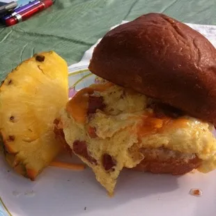 Kukui brand Portuguese sausage kaneshiro farms eggs and ba-le bakery sweet bread breakfast sandwich!