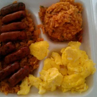 Kimchi fried rice, little smokies and scrambled eggs