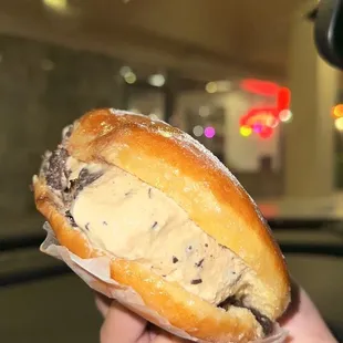 a hand holding a sandwich