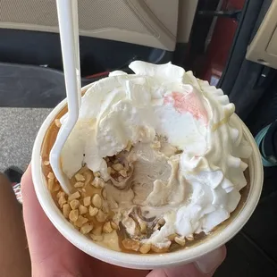 Brown Bread sundae with caramel, peanuts and whipped cream