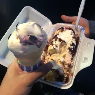 Red white and blue single ice cream cone with a bananas split