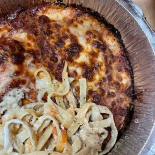 Doesn't look that burnt from the top, bottom was very black, can see it from the sides a bit. Maybe too low in an oven. Fettuccini a bit dry