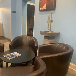 Cozy corner, with trumpet.