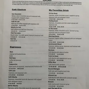 Drinks menu
