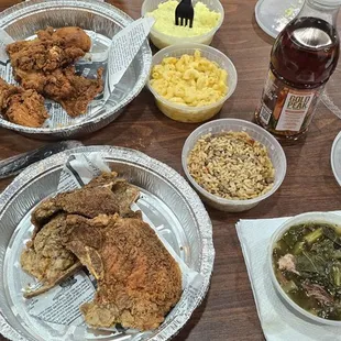 Golden fried chicken  and fried pork chops