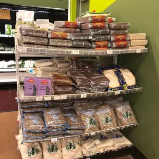 a variety of food on shelves