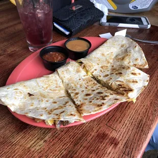 &quot;Breakfast quesadilla with chorizo&quot; red salsa and green Chile on the side