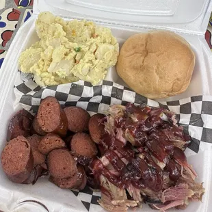 Combo with hot-links and pulled pork with potato salad.