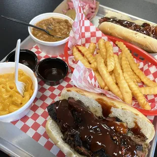 Tri Tip sandwich with sweet bbq &amp; spicy bbq sauce, Mac &amp; cheese, beans &amp; fries. YUM!