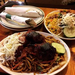 Jerk chicken chow mien &amp; calamari in the back