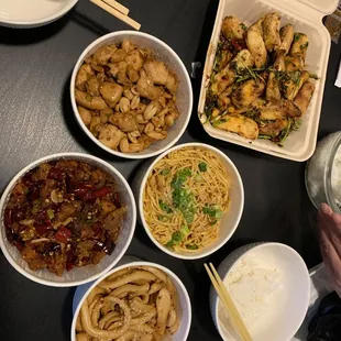 (top to bottom, left to right): Kung Pao Chicken, Spicy Dried Eggplant, Chongqing Spicy Chicken, Chengdu Cold Noodles, Handmade Sweet/Spicy