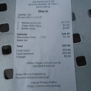 Final tab - including an extra meal to take home &amp; eat later.