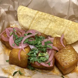 Pork belly bites--tasted great but 2/6 of my pieces were pure fat, no meat