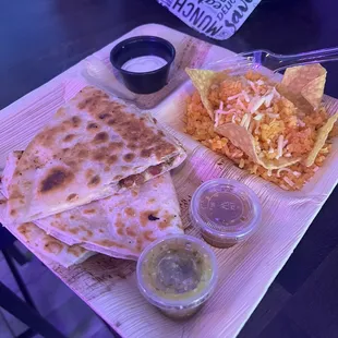 Steak Quesadilla with side of rice