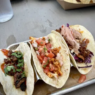 3 for $12 tacos, L--R: brisket, cauliflower, bbq pork