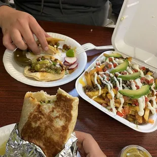 Burrito, tacos, asada fries