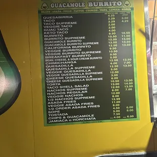 New menu with prices.