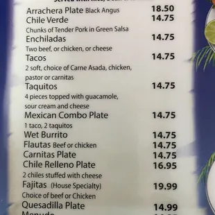 Combination plates menu