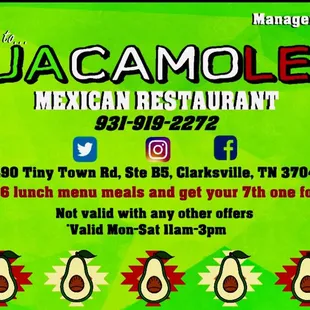 Ask about our frequent lunch cards! 7th lunch FREE!
