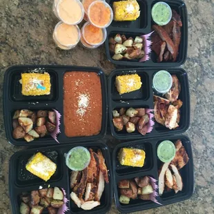 A client's meal prep package for the week. Chicken, steak, and chorizo fundido, sides of our house made habanero salsa and free guac!
