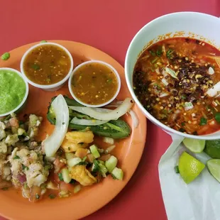 Ceviche. Shrimp cocktail. Menudo.