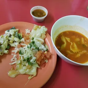 Mac salad. Enchilada in green sauce. Pasta soup.