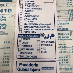 a list of items for sale