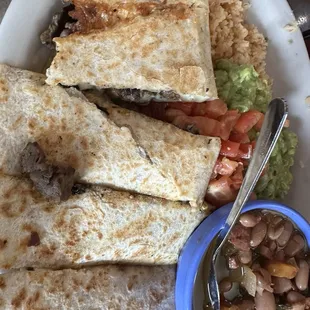 Steak quesadillas with charro beans