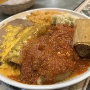 Plate 23. (1) Enchilada (shredded beef), (1) Chile Relleno &amp; (1) Tamal