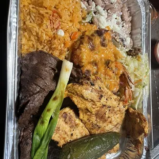 Cielo, Mar, y Tierra (chicken breast, skirt steak, pork loin, and butterflied shrimp)