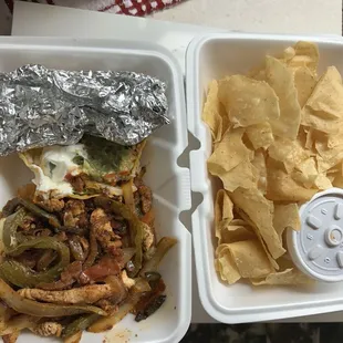 Chicken Fajitas for One, bringing the rest home! A lot of food!