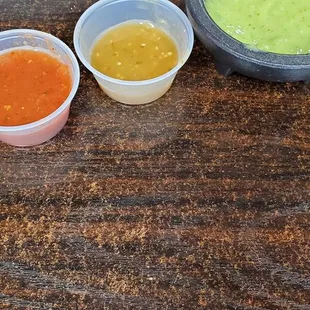 Salsa-Hot, Med, Mild (left to right).
