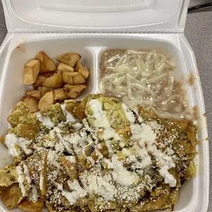 Chilaquiles breakfast plate with green sauce
