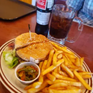 a plate of french fries and a burger