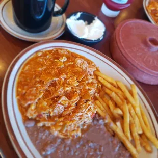 The beef chilaquiles are really good. The chicken are ok too