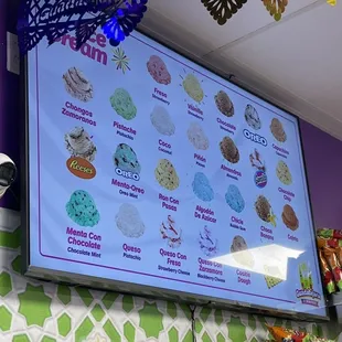 Ice Cream flavor menu at Guadalajara Ice Cream Parlor in the San Pablo Towne Center in San Pablo.