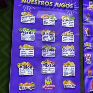 Juice menu at Guadalajara Ice Cream Parlor in the San Pablo Towne Center in San Pablo.