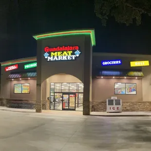 the front of the building at night