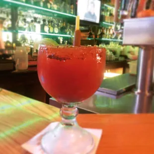 The Michilada Diablita! Made with only Mexican beer, Tajín, chamoy, tomato juice, fresh lime juice!