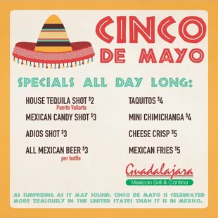 Join us tomorrow for all day drink and appetizer specials! Mariachis arrive at 5:00! Come celebrate with us! #cincodemayo #cincodedrinko