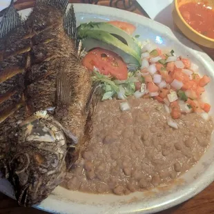 Mojarra frita with beans and pico de gallo instead of rice and fries (they accommodate substitutions).