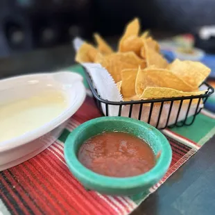 Chips, salsa, and queso dip