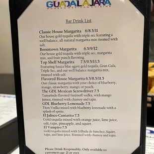 the menu for the restaurant